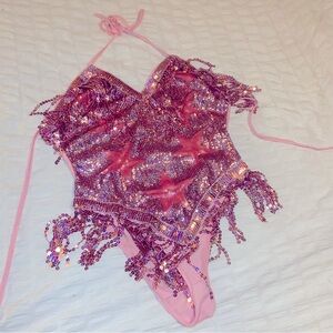 Pink star sequin fringe bodysuit